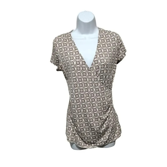 Boden Size 8R Taupe Abstract Side Gather Short Sleeves Fitted Top Causal Work - Picture 1 of 10